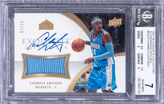 2007-08 UD "Exquisite Collection" #EA-CA Carmelo Anthony Patch Signed Card (#07/35) - BGS NM 7/BGS 10